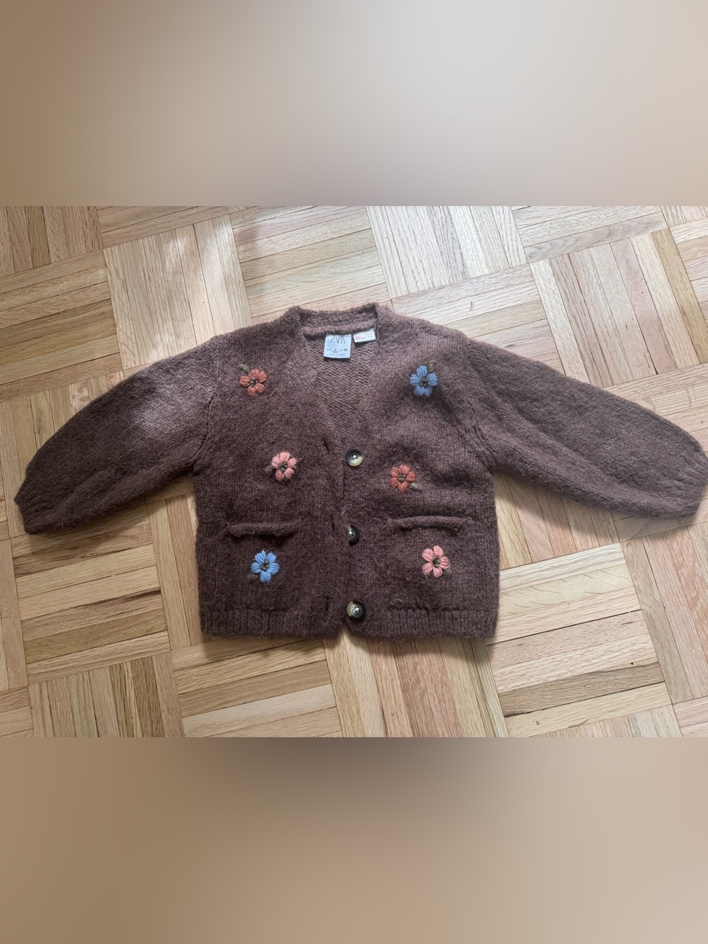 Zara Kids Brown Knit Cardigan with Pink & Blue Floral Embroidery